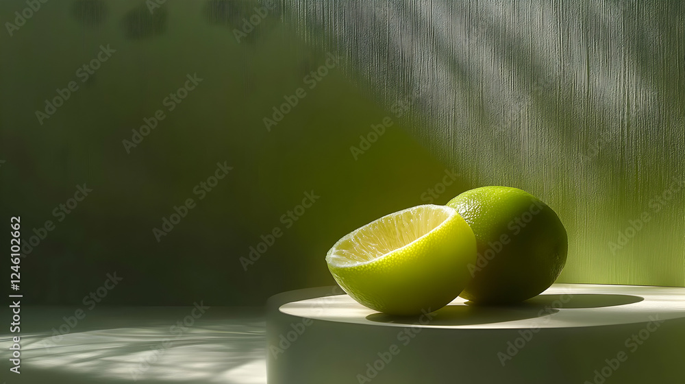 Poster a halved lime and a whole lime rest on a minimalist platform, bathed in soft sunlight, casting delic