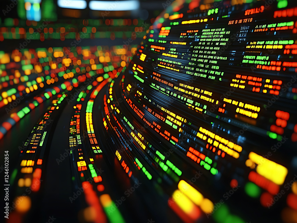 Poster abstract digital data stream curving dynamically. vibrant colors illuminate lines of code, ideal for