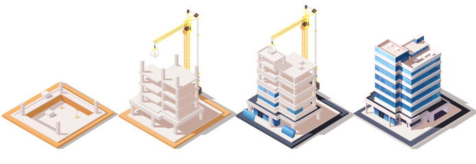 A set depicting construction steps with a building evolving from foundation to completion, shown in isometric style. Construction concept. Vector illustration.