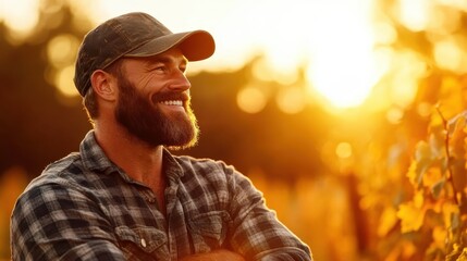 A joyful farmer stands against a vibrant sunset, embodying happiness and connection with nature in a picturesque vineyard setting.
