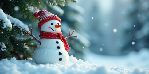 Obraz premium Snowy fir branches supporting a jolly snowman, winter, snow, winter wonderland
