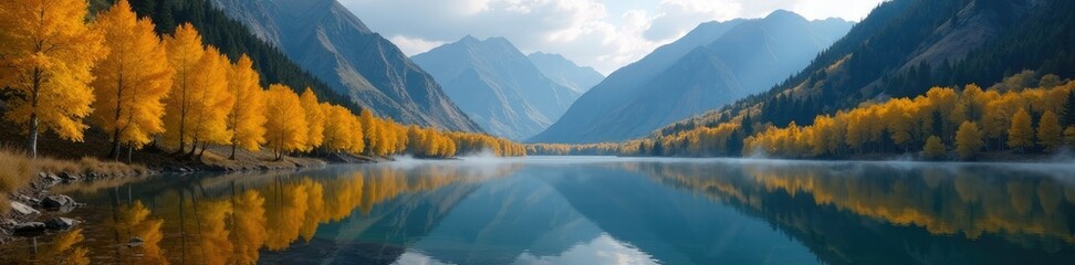 Fototapeta premium Misty Aspen trees reflect on calm mountain lake, telluride, aspen, peaceful