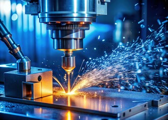 Precision CNC Milling: Aluminum Part Machining at Night in Blue Light