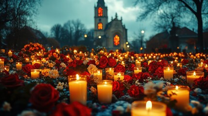 all saints day burning candles at night selective focus
