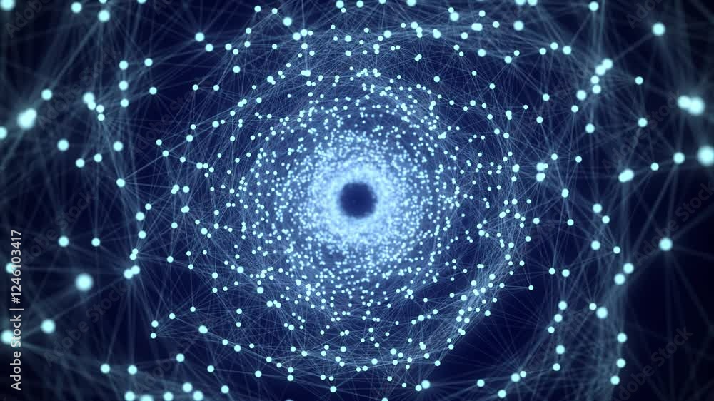 Poster Abstract 3d portal. Tunnel or wormhole. Digital blue background with connected blue dots. 3d rendering.
