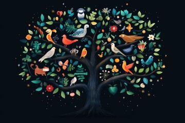 Colorful bird tree illustration, nature, dark background, website design
