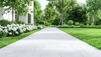 Garden path leading to modern home, lush greenery