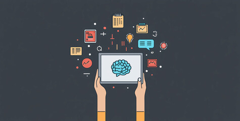 A person holding an iPad with icons of AI, data, and text bubbles around them, showcasing the concept of artificial intelligence technology. 
