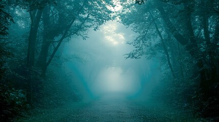 Obraz premium Enigmatic Forest Path: A Journey into the Mysterious Green Depths of Nature