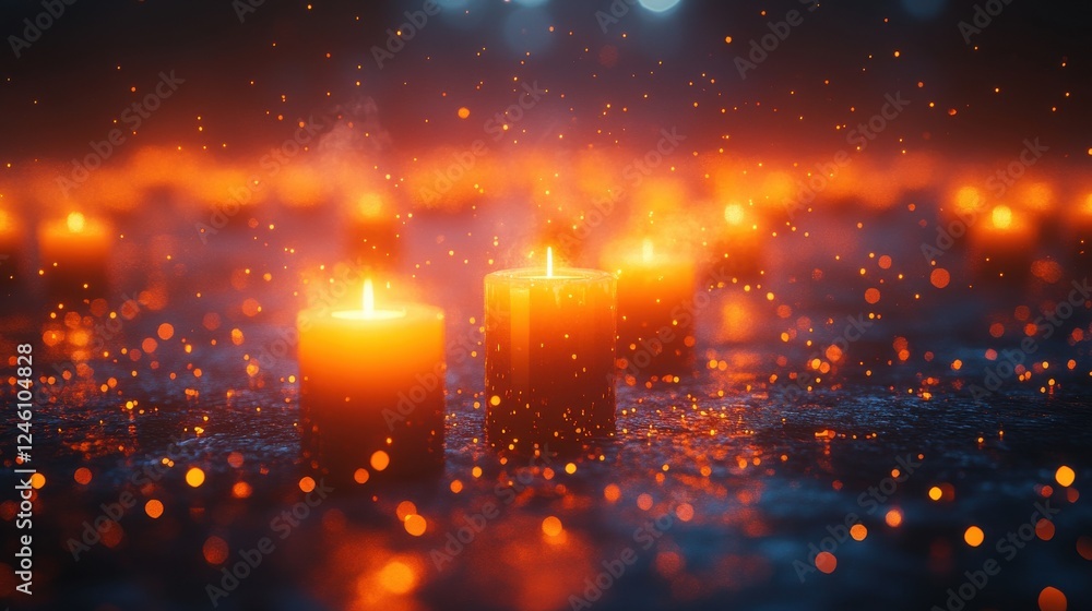 Poster all saints day burning candles in the dark with bokeh effect 3d rendering