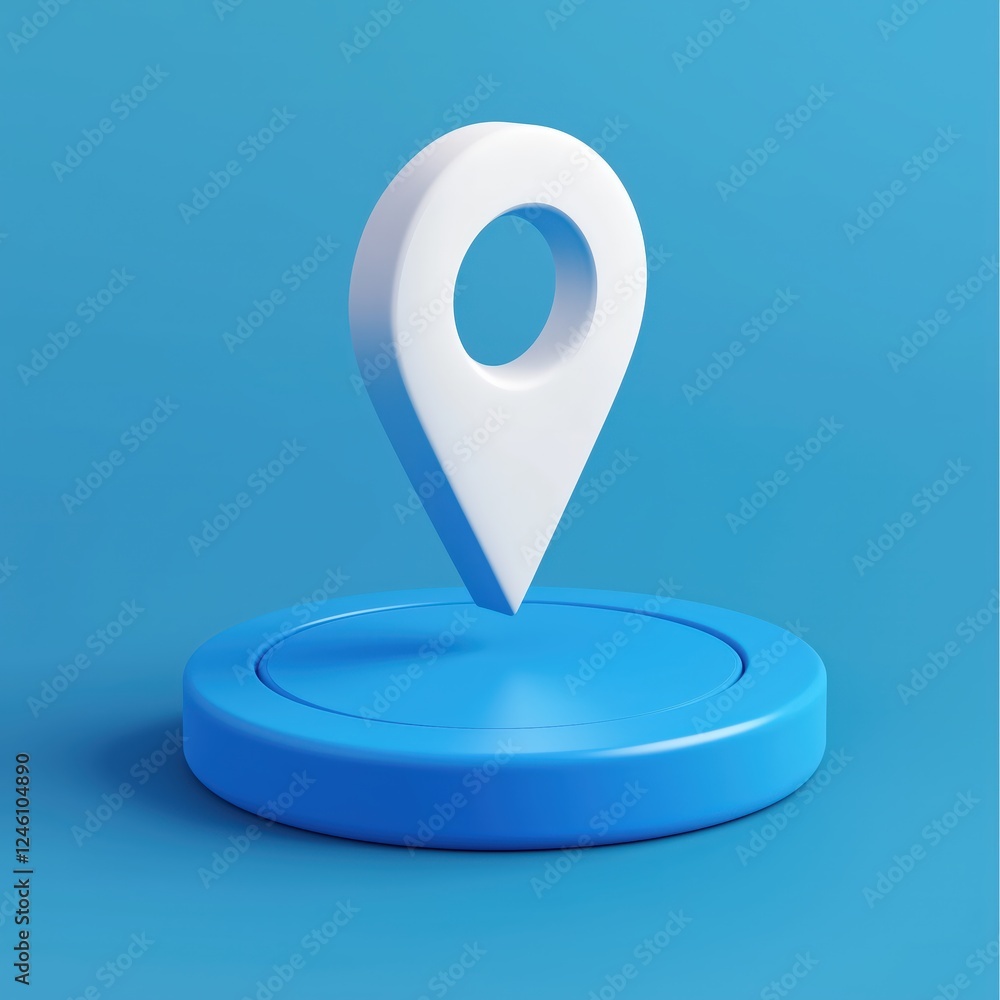 Poster 3d white map pin icon on a blue circular platform, symbolizing location and navigation.