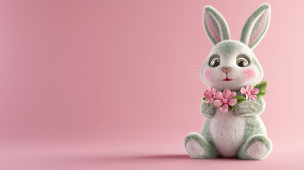 Fototapeta premium A cute bunny, adorned with pink flowers, sits against a soft pink flat background, with ample blank space, making it perfect for Women's Day, Mother's Day, or a gift card.