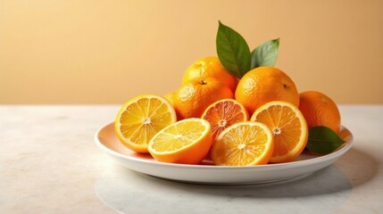 A vibrant arrangement of whole and sliced citrus fruits, including oranges and lemons, presented on a pristine white plate against a warm-toned backdrop.