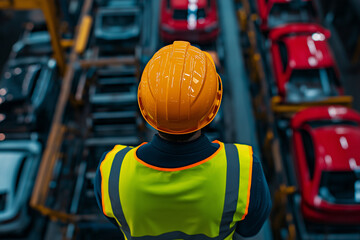 worker in high visibility vest and yellow helmet observes car assembly line filled with vehicles. scene captures industrial environment and safety measures in place