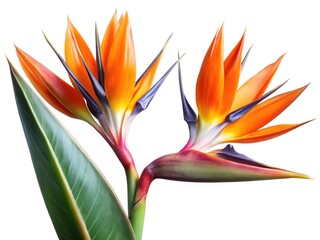 Two Bird of Paradise Blossoms on Single Stem, Isolated White Background - Tropical Flower Stock Photo