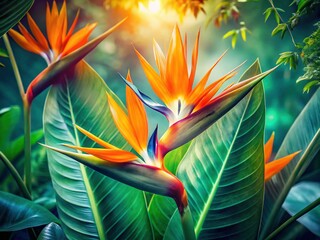 Obraz premium Vibrant Bird of Paradise Plant Aerial View Double Exposure Stock Photo
