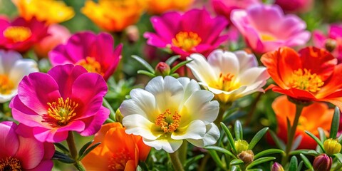 Vibrant Close-up of Blooming Portulaca Flowers, Colorful Summer Garden