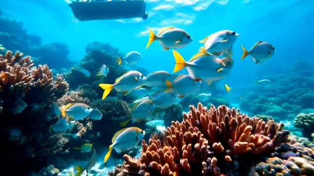 School of fish swimming in vibrant coral reef underwater ecosystem. Marine concept