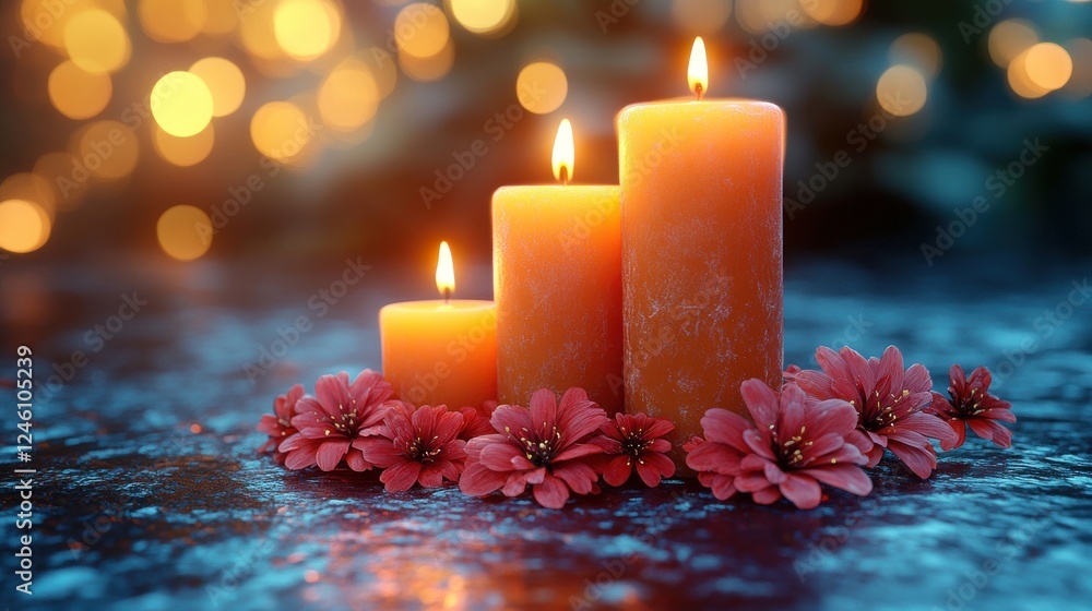 Poster all saints day burning candles in the golden light with bokeh background 3d rendering