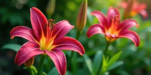 Delicate star-shaped flowers with maroon lily petals unfolding in a garden, garden, foliage