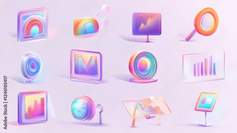 Poster internet advertisement analytics icons set. seo solutions search. social network monitoring, competi