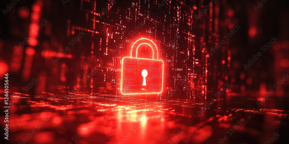 Poster a glowing digital padlock in a dark environment symbolizes cybersecurity and data protection ideal f