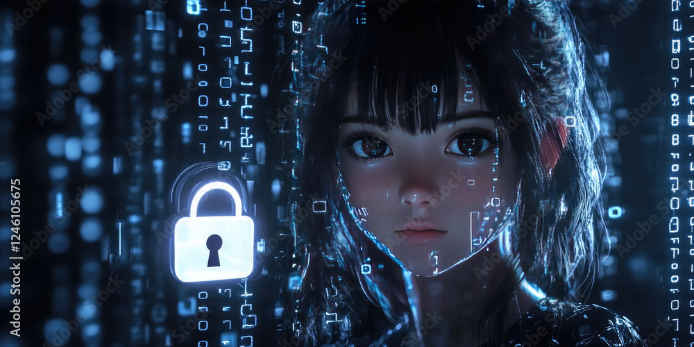 Poster a glowing padlock icon on a digital screen surrounded by binary code, symbolizing online security.