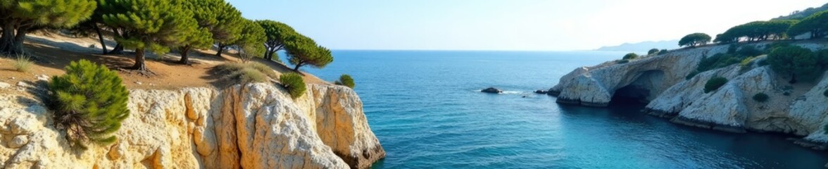 Fototapeta premium Pine and juniper trees along a rocky shoreline, coastline, Crimea