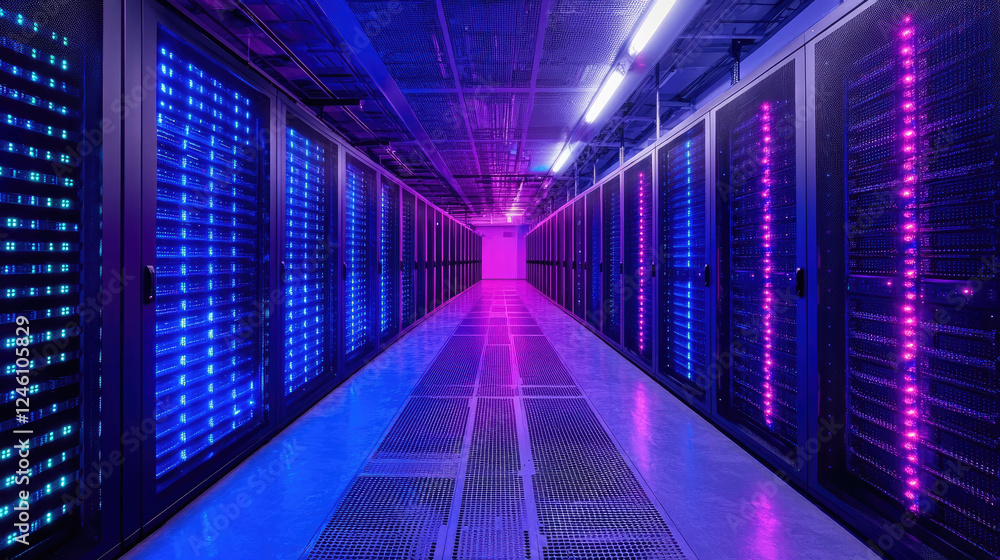 Poster a modern server room with glowing blue lights, representing the backbone of digital security and dat