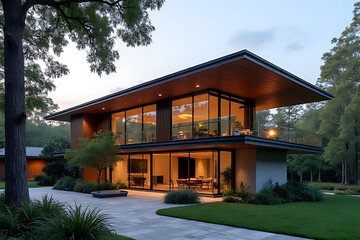 Modern Luxury Two Story House Exterior Night Twilight View Contemporary Architecture Home Design