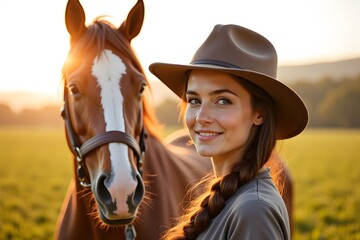 Obraz premium Young caucasian female smiling with horse in sunlit field