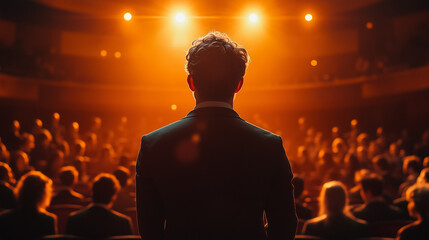 A corporate leader addressing employees in a town hall meeting, standing on a stage. Bright lighting, contrast