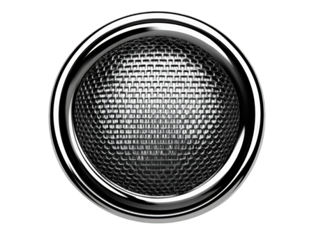 Classic metallic grille speaker design with shiny finish, perfect for audio enthusiasts. This stylish component enhances sound quality and adds vintage touch to any setup