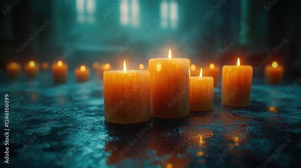 Poster all saints day burning candles on a dark background with copy space 3d rendering