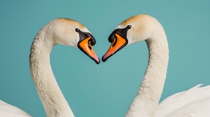 Obraz premium Swans Forming Heart Shape with Their Necks Against Blue Background