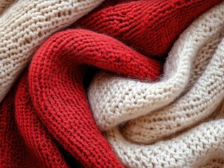 Fototapeta premium Cozy knitted fabric in cream and vibrant red creating a warm textured background