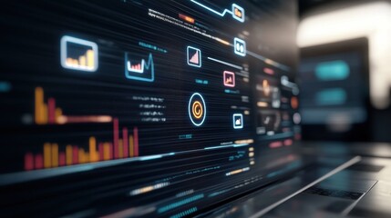 Fototapeta premium seo modern web interface, vibrant icons float over analytics graphs, symbolizing a strategic approach to digital marketing