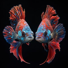 Obraz premium Colorful Betta Fish Swimming Gracefully in a Dark Aquatic Background