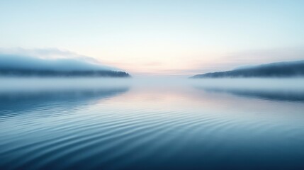 Fototapeta premium Serene Reflections on a Foggy Water Surface with Gentle Ripples and Gradient Sky, Evoking Calmness and Natural Beauty in a Peaceful Setting