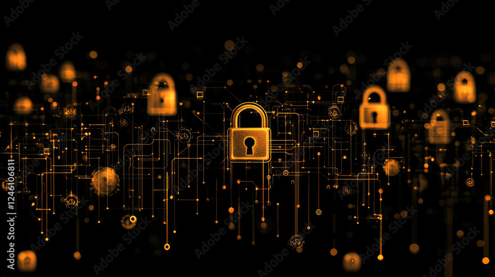 Poster a glowing digital padlock in a dark environment symbolizes cybersecurity and data protection ideal f