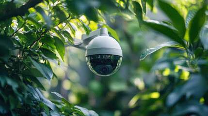 CCTV monitoring. Outdoor video surveillance camera for object protection installed in a well-lit outdoor area, surrounded by greenery, aimed at monitoring activities for security, protection purposes