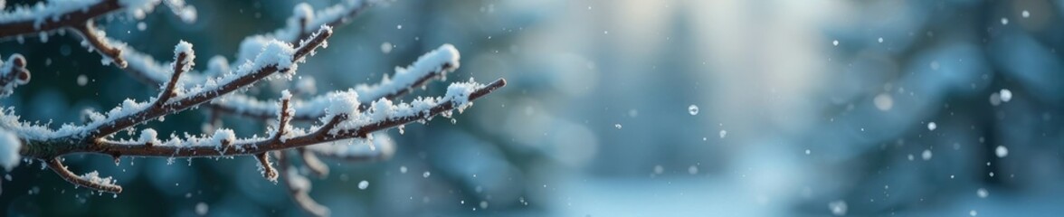 Frosty snowflakes gently fall on bare branches, serene, greenery, snow