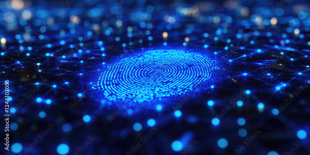 Poster close-up of glowing digital fingerprint symbolizing biometric security and technology. data protecti