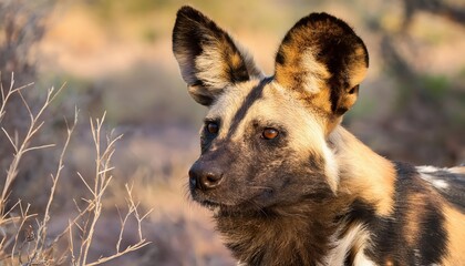 Vigilant Wild Dog Standing Tall Against a Backdrop of Autumnal Savannah, Capturing the Essence of Wildlife and African Plains at Dusk