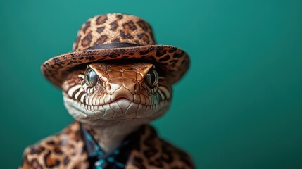 A charming lizard, adorned with a stylish leopard-patterned hat and suit, strikes a confident pose, showcasing a playful blend of fashion and humor in this whimsical portrait.