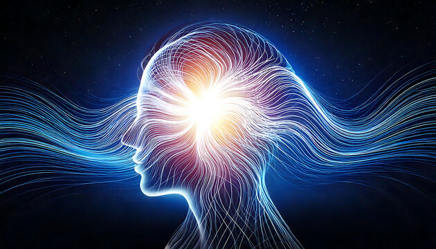 Stunning abstract image of a glowing head profile, formed by flowing light trails.  Perfect for concepts of AI, consciousness, technology, or the human mind. - Powered by Adobe