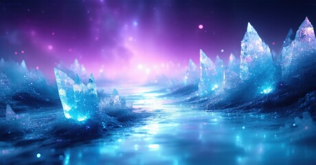 Obraz premium Celestial glow gradient fading from icy blue into cosmic purple, featuring ethereal crystal formations and a luminous, sparkling texture creating a mystical atmosphere