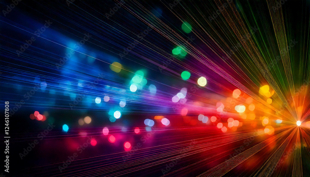 Poster vibrant abstract light streaks radiate outwards, creating a dynamic and colorful bokeh effect. perfe
