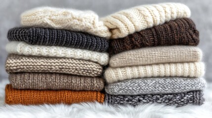 Cozy Knitted Sweaters Stacked Neatly in Warm Tones on Soft Background