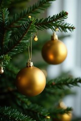 Fototapeta premium Decorative gold balls hanging from evergreen tree limbs, tree, ornaments, season
